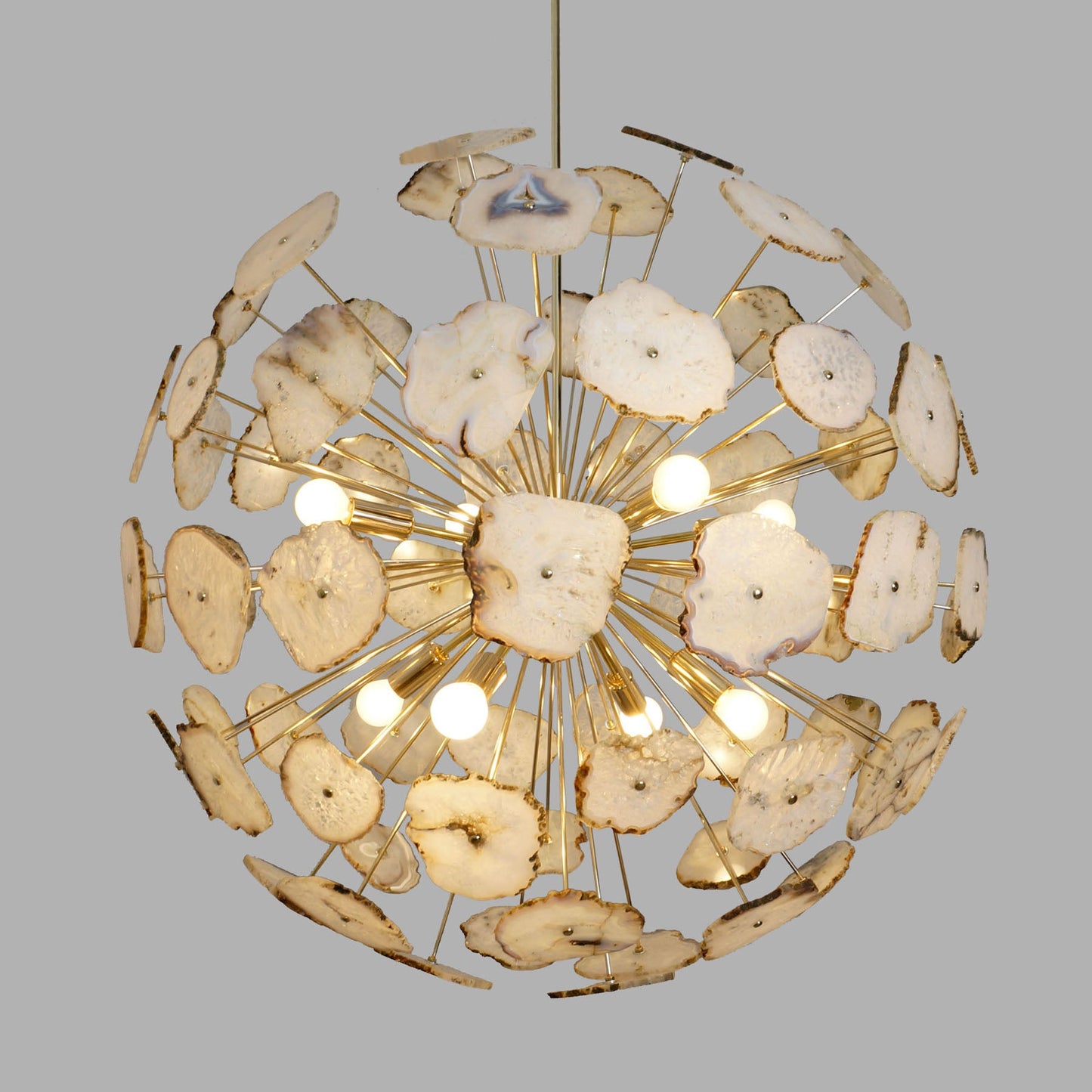 Modern Brass Large Agate Sliced Orb Chandelier