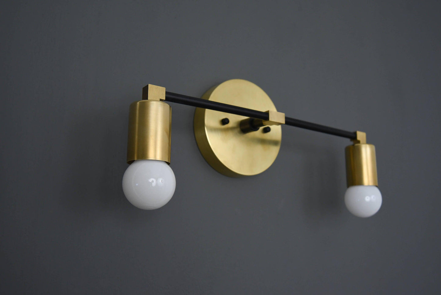 Modern Brass Wall Sconce Vanity Gold Brass 2 Bulb Round Sconce - Doozie Light Studio