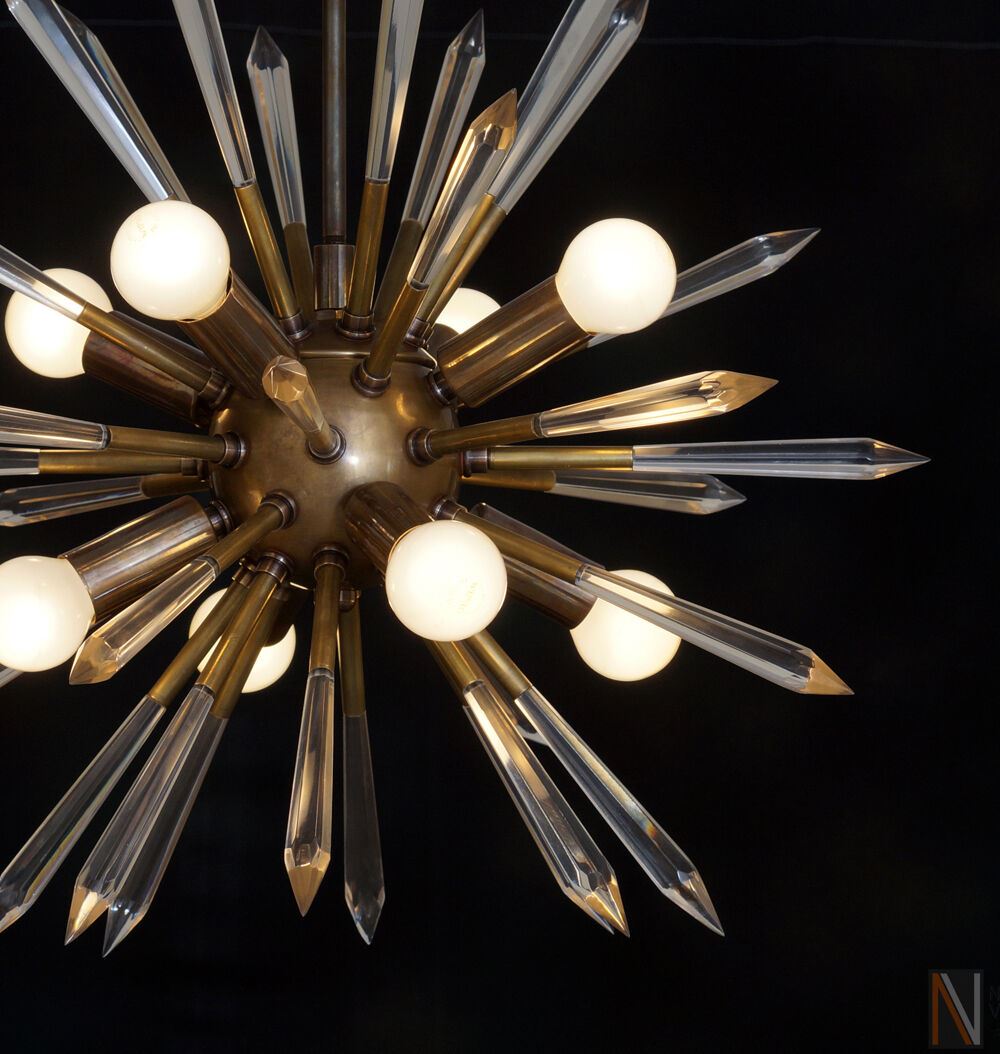 Mid century Modern Brass & Acrylic Crystal Rock Sputnik Chandelier Light Fixture