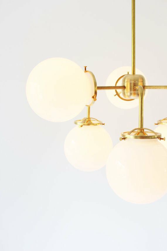 Modern Brass Chandelier Lighting Fixture, 6 White Glass Globes Chandelier