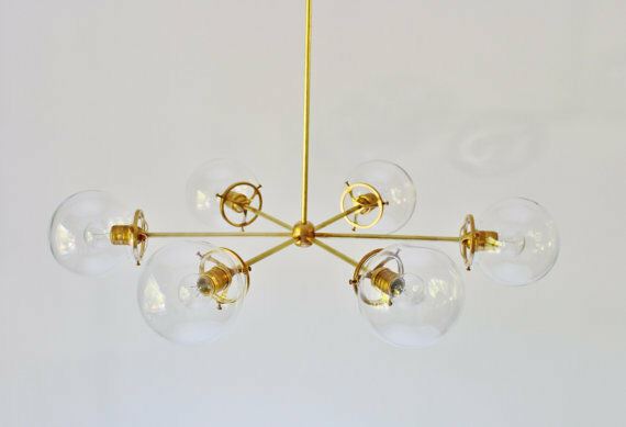 Modern Brass Globe Chandelier Lighting Fixture, 5 Clear Glass Globes Chandelier