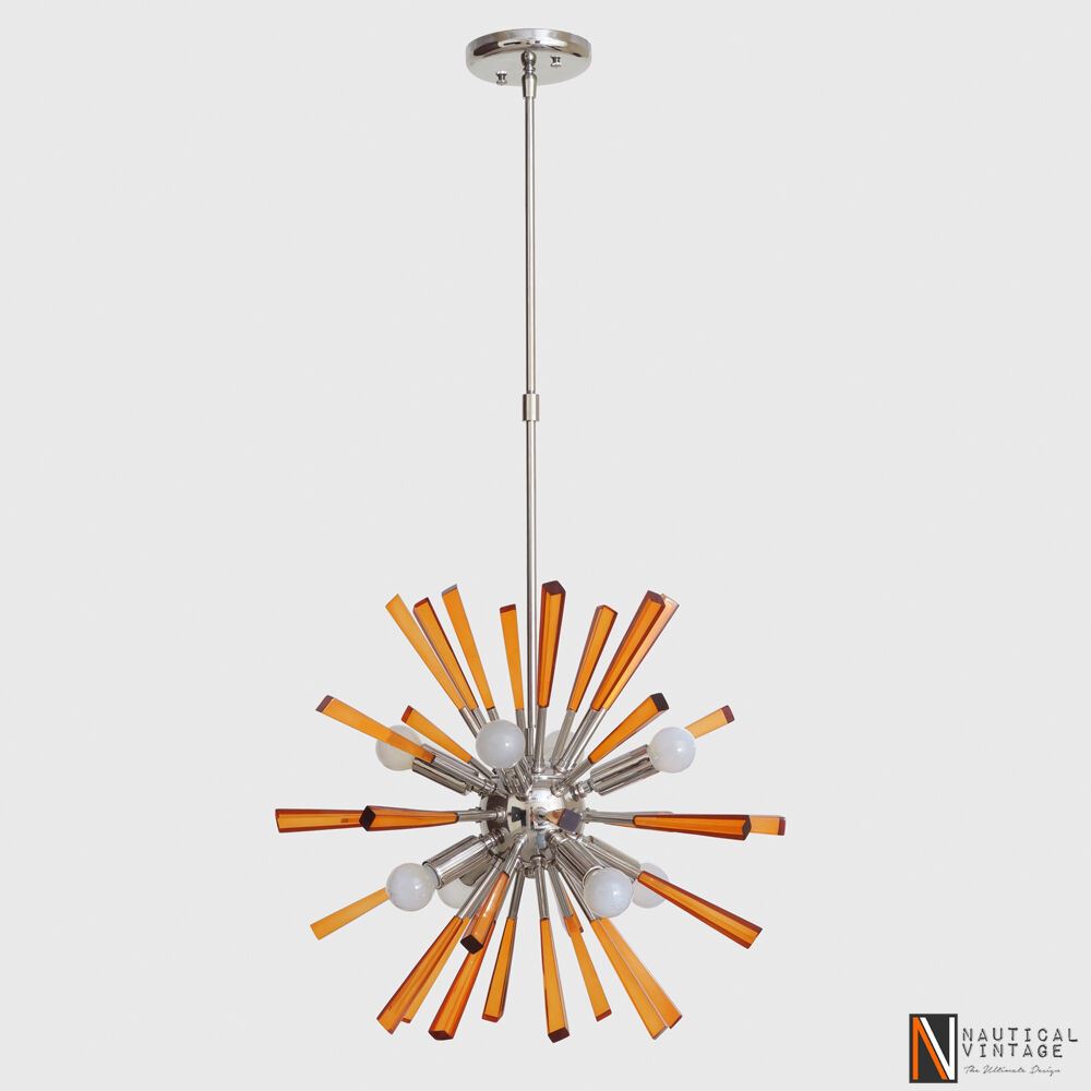 Modern Chrome Brass & Acrylic Crystal Rock Sputnik Chandelier Light Fixture