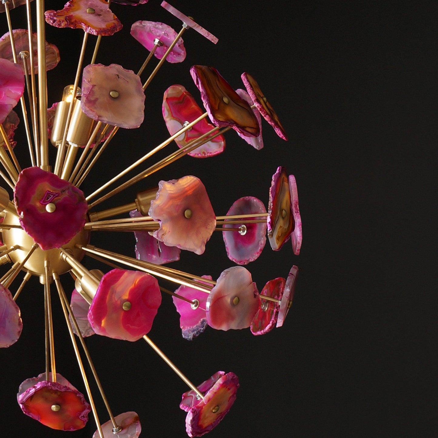 Modern Brass Sputnik Chandelier Light Fixture With Pink Agate Stone