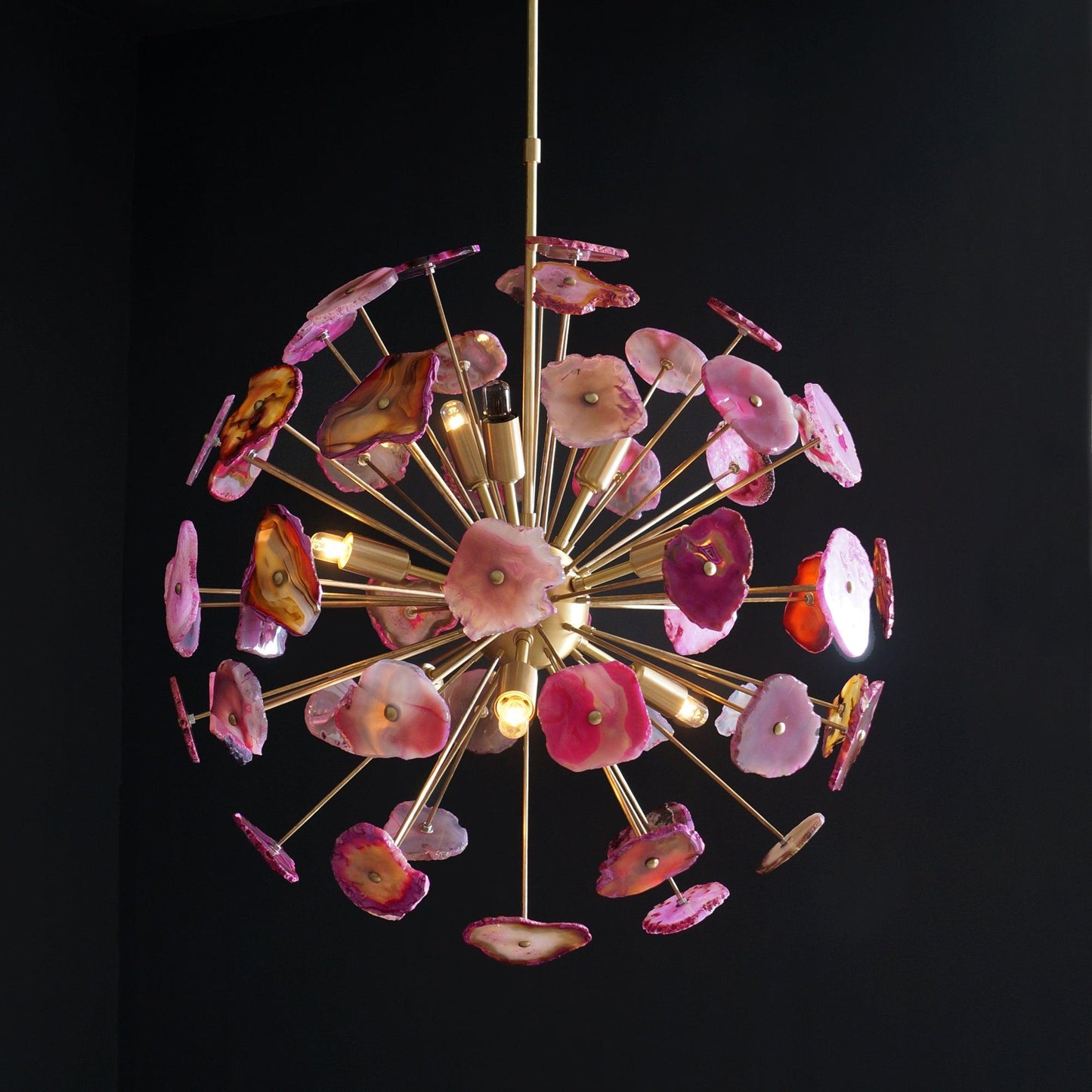 Modern Brass Sputnik Chandelier Light Fixture With Pink Agate Stone