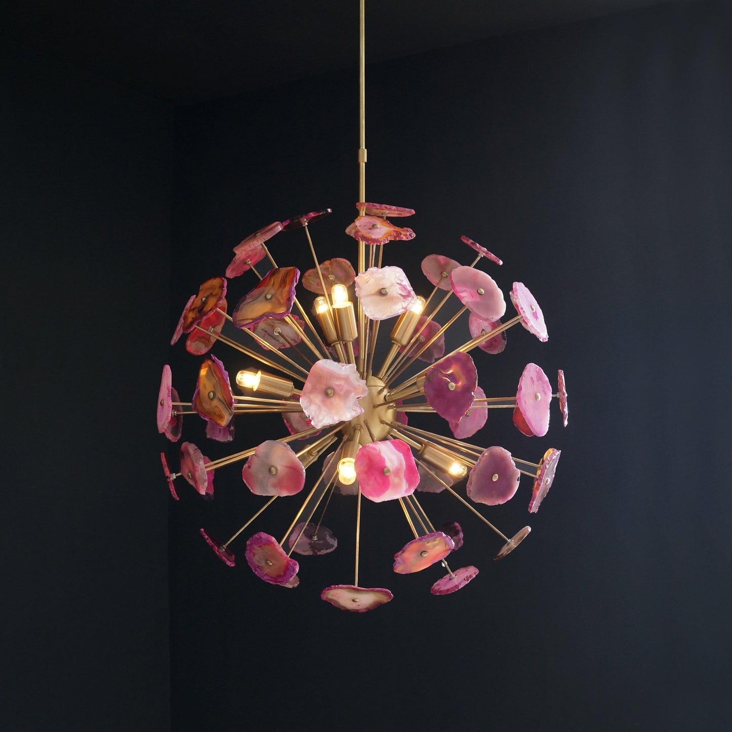 Modern Brass Sputnik Chandelier Light Fixture With Pink Agate Stone
