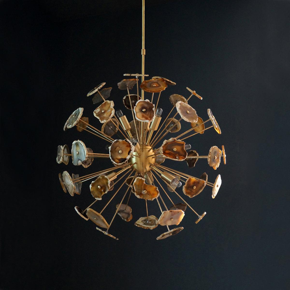 Modern Brass 9 Arm Sputnik Agate Chandelier
