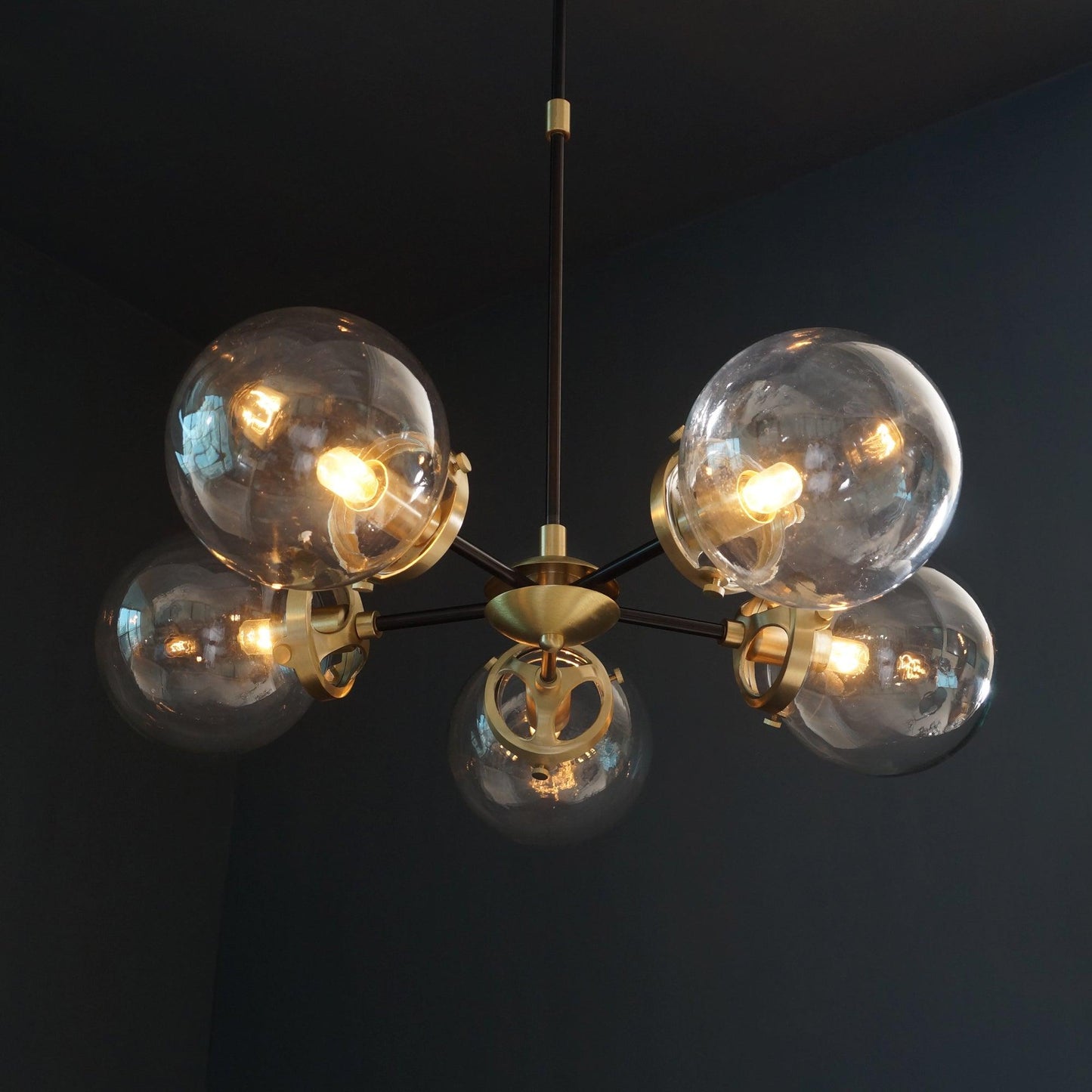 Modern Brass 5 Arms Glass Globe Sputnik Chandelier Light Fixture