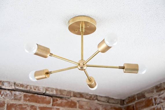 Modern Brass 5 Arm Pinwheel Chandelier Semi Flush Industrial Light