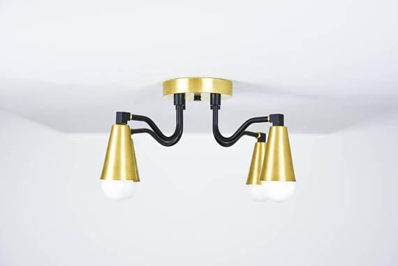Modern Brass Cone Shades Semi Flush 4 Arm Bulb Sputnik