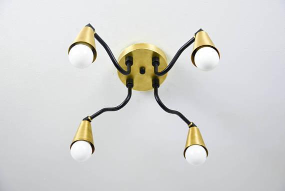 Modern Brass Cone Shades Semi Flush 4 Arm Bulb Sputnik