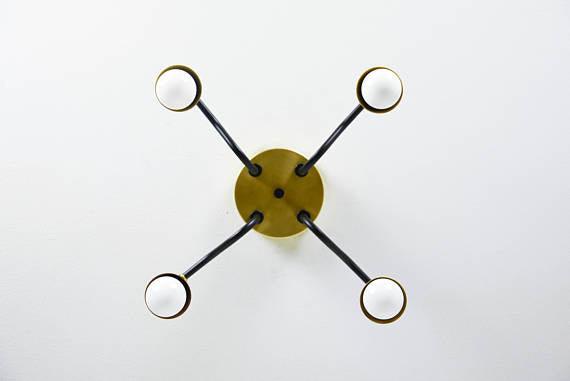 Modern Brass Cone Shades Semi Flush 4 Arm Bulb Sputnik
