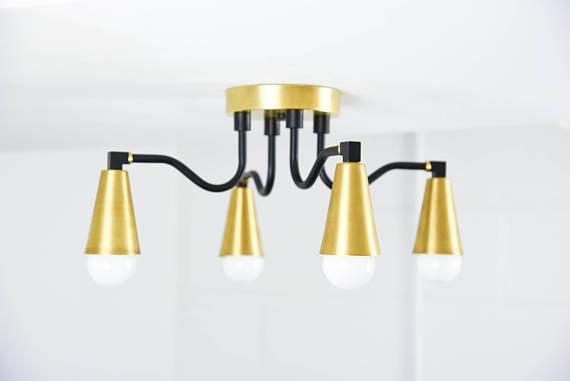 Modern Brass Cone Shades Semi Flush 4 Arm Bulb Sputnik