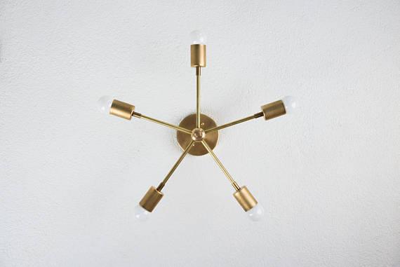 Modern Brass 5 Arm Pinwheel Chandelier Semi Flush Industrial Light
