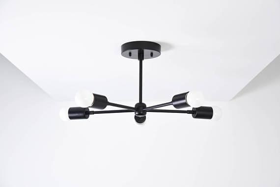Modern Brass 5 Arm Pinwheel Chandelier Semi Flush Industrial Light