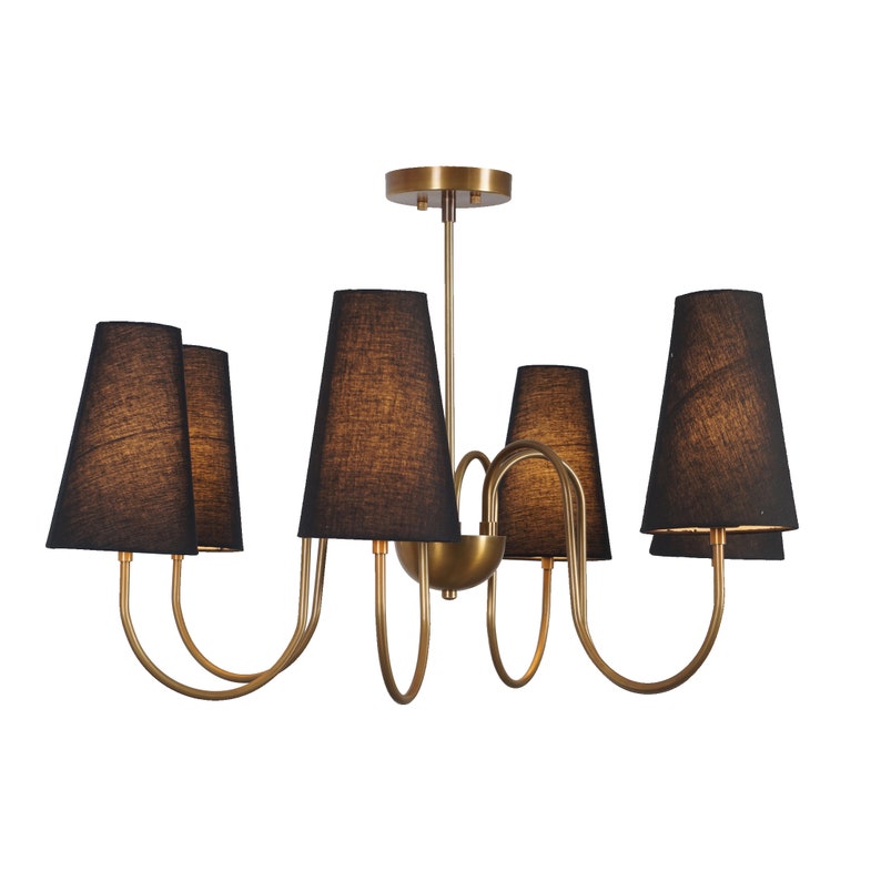Six Arm Linen Shade Brass Chandelier Sputnik Light Fixture