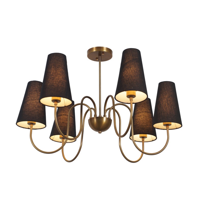 Six Arm Linen Shade Brass Chandelier Sputnik Light Fixture