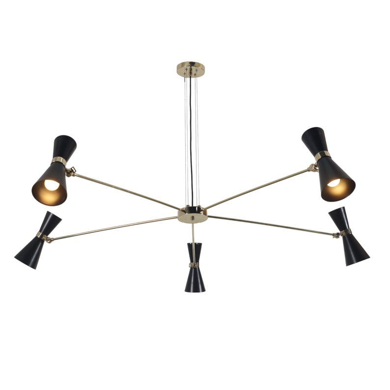 Brass Linear Black Shade Sputnik Chandelier Suspension Pendant Light 5-Lamps