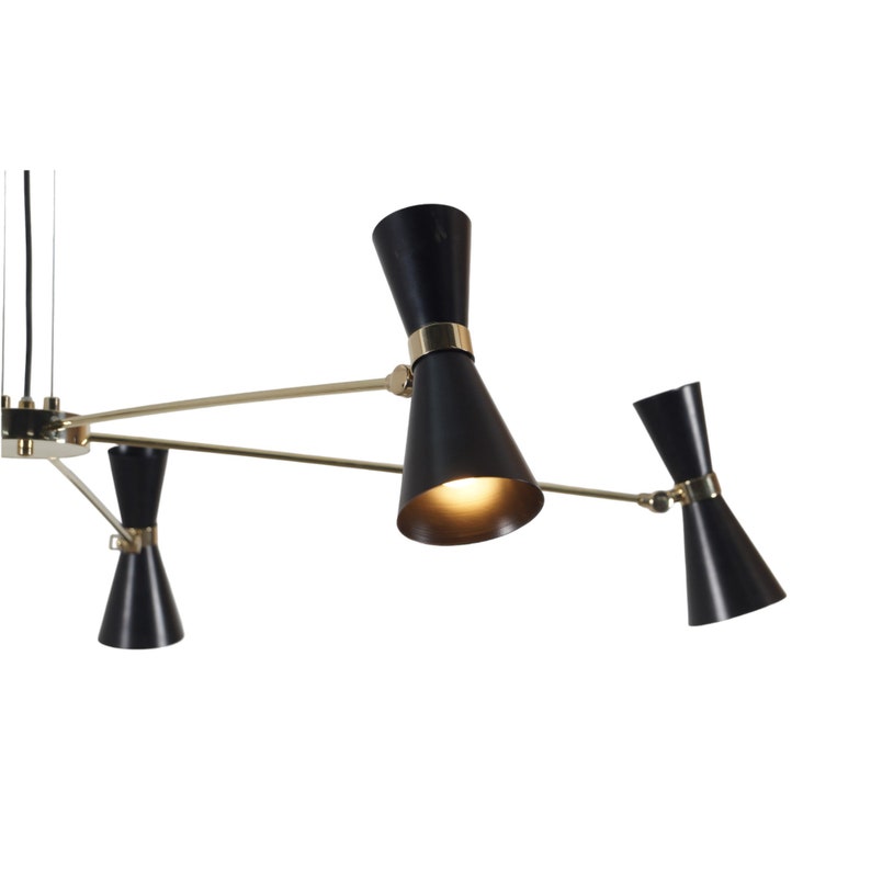 Brass Linear Black Shade Sputnik Chandelier Suspension Pendant Light 5-Lamps
