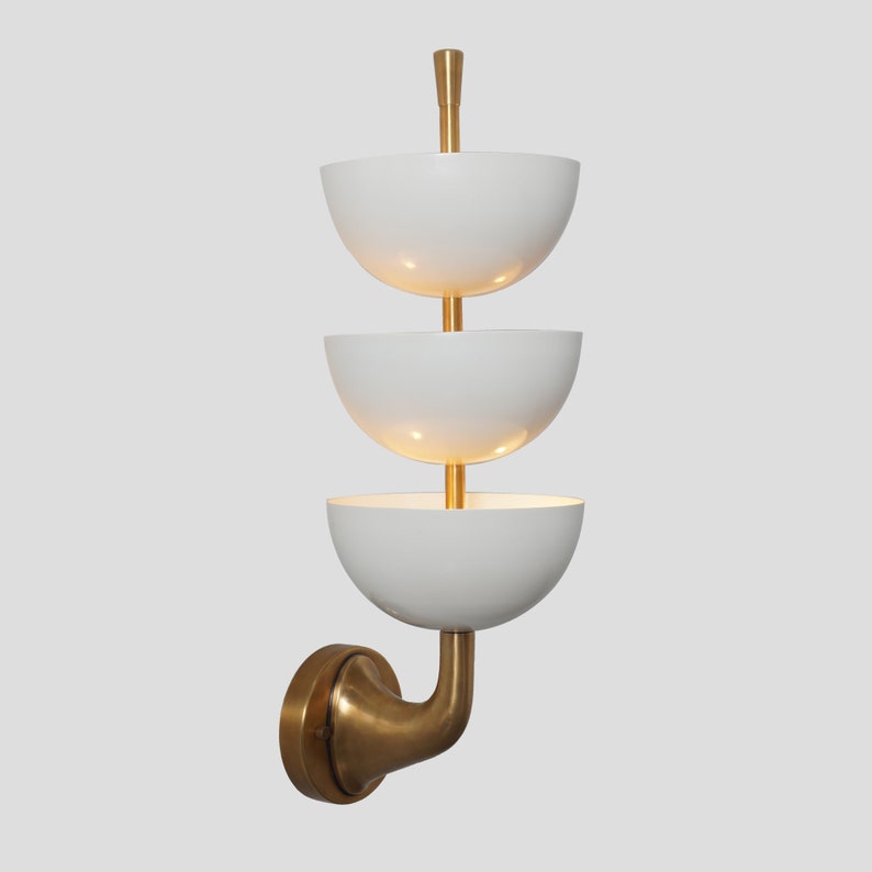3 Light Dome Shade Arm Stilnovo Style Wall Mid Century Modern Brass Wall Fixture