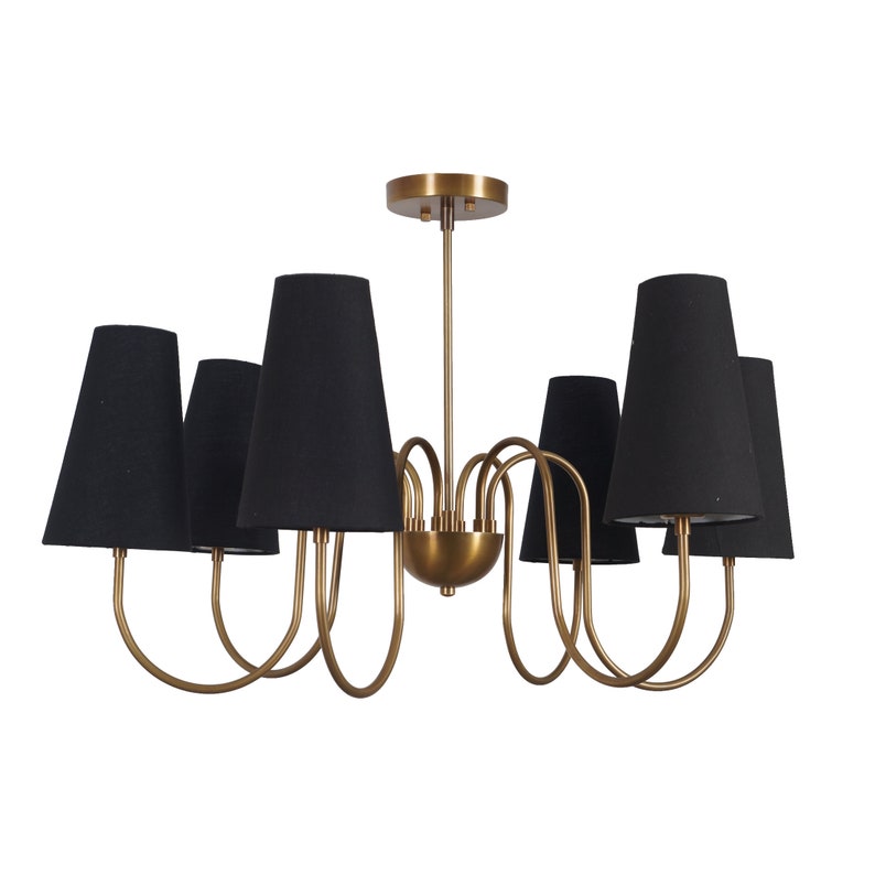 Six Arm Linen Shade Brass Chandelier Sputnik Light Fixture