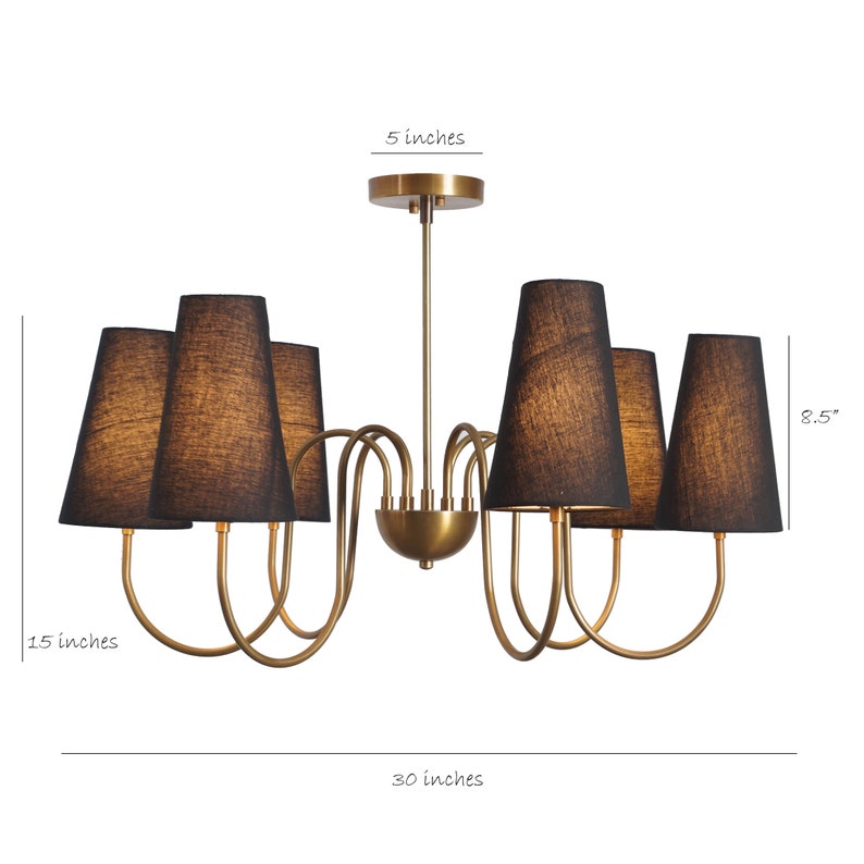 Six Arm Linen Shade Brass Chandelier Sputnik Light Fixture