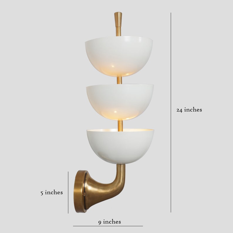 3 Light Dome Shade Arm Stilnovo Style Wall Mid Century Modern Brass Wall Fixture