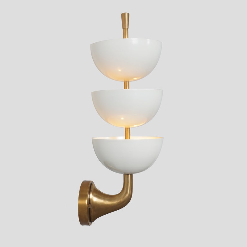 3 Light Dome Shade Arm Stilnovo Style Wall Mid Century Modern Brass Wall Fixture