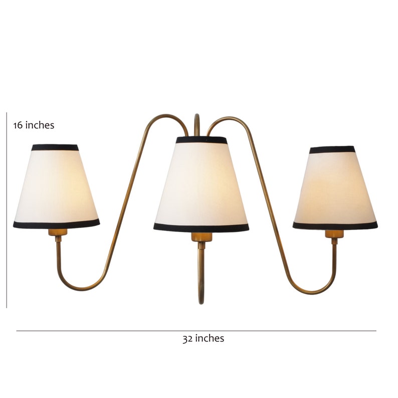 3-Light Linen Shade Raw Brass Wall Sconce with Black Fabric Shades Handmade Brass Wall Lamp