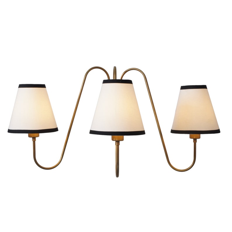 3-Light Linen Shade Raw Brass Wall Sconce with Black Fabric Shades Handmade Brass Wall Lamp