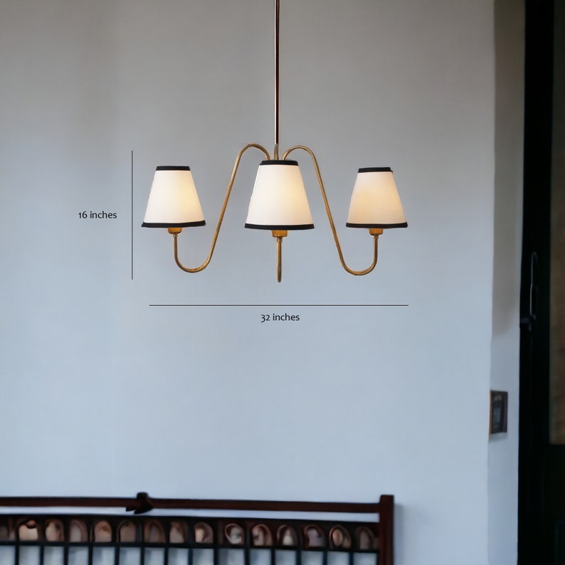3-Light Linen Shade Raw Brass Sputnik Chandelier with Linen Fabric Shades Handmade Brass Ceiling Fixture
