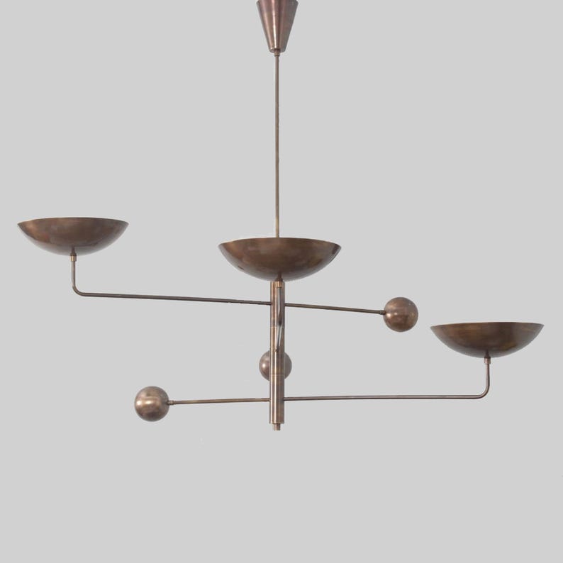 3 Light Disk Shade Pendant Mid Century Modern Patina Brass Sputnik chandelier light Fixture