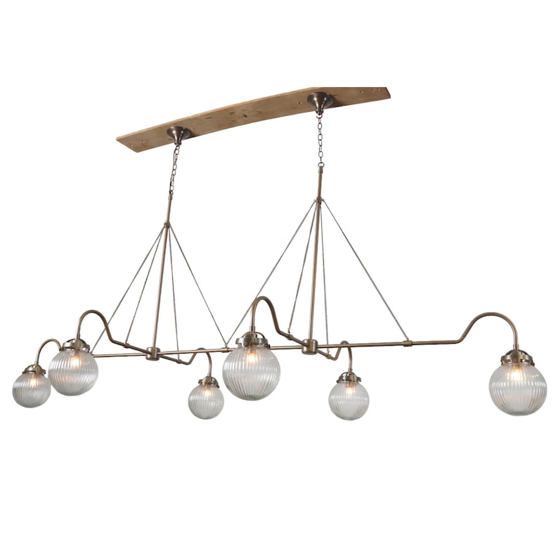Handmade 6 Light Ribbed Glass Globes Shade Mid Century Modern Raw Brass Linear Sputnik chandelier light Fixture