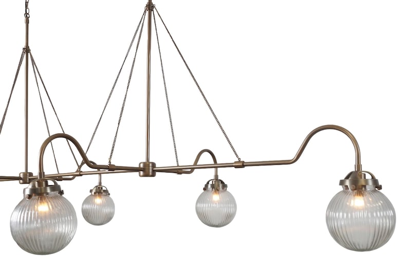 Handmade 6 Light Ribbed Glass Globes Shade Mid Century Modern Raw Brass Linear Sputnik chandelier light Fixture