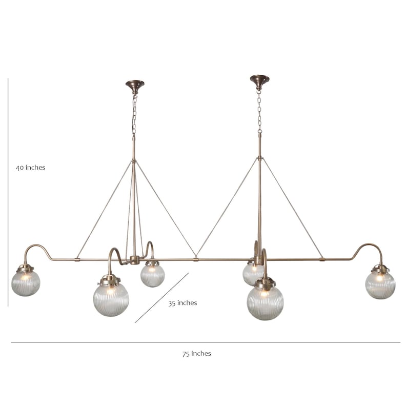 Handmade 6 Light Ribbed Glass Globes Shade Mid Century Modern Raw Brass Linear Sputnik chandelier light Fixture