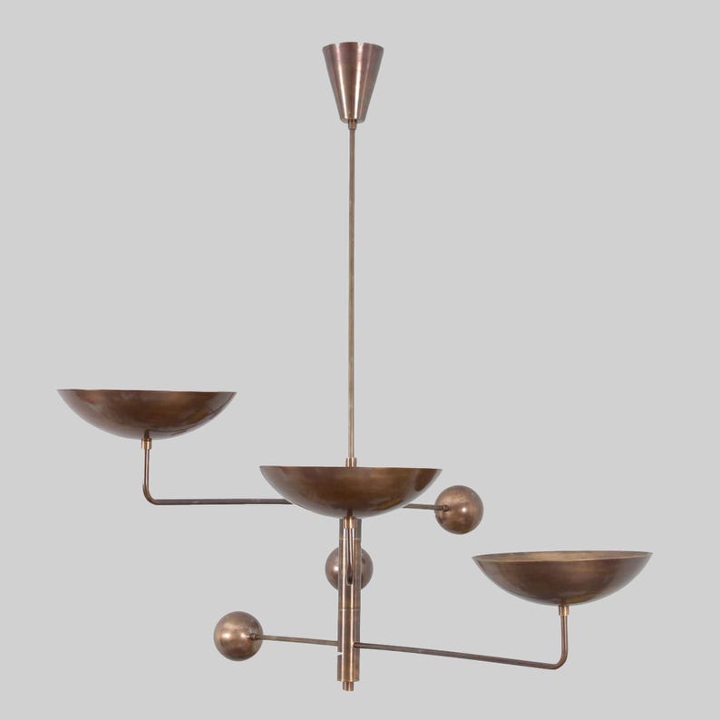 3 Light Disk Shade Pendant Mid Century Modern Patina Brass Sputnik chandelier light Fixture