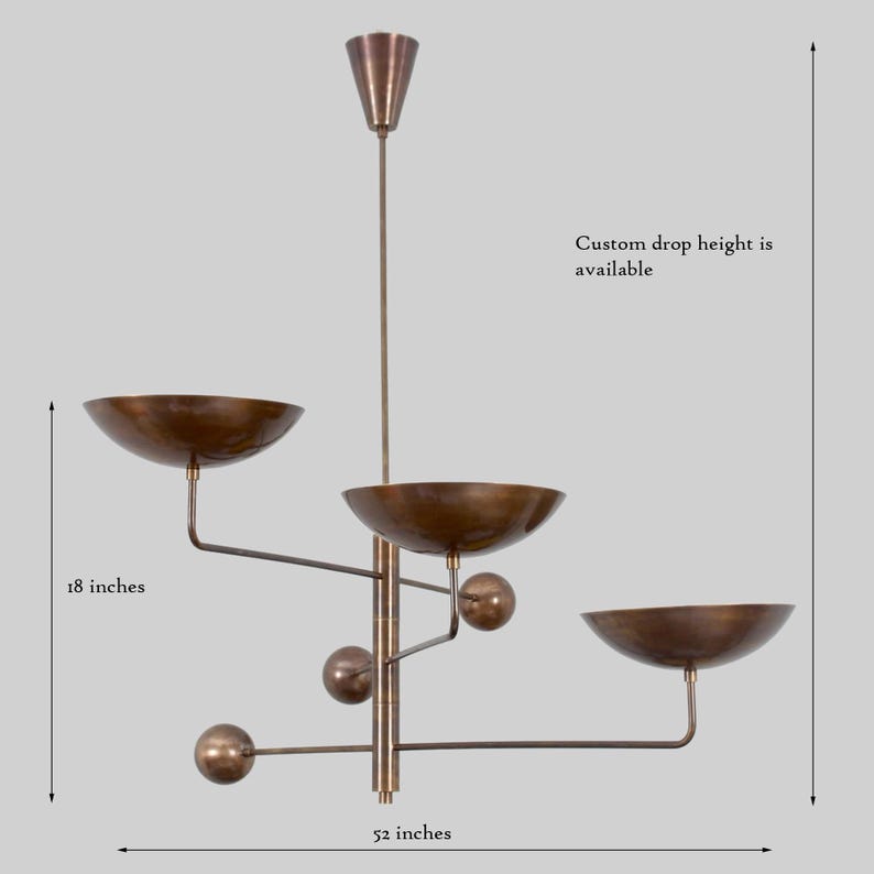 3 Light Disk Shade Pendant Mid Century Modern Patina Brass Sputnik chandelier light Fixture