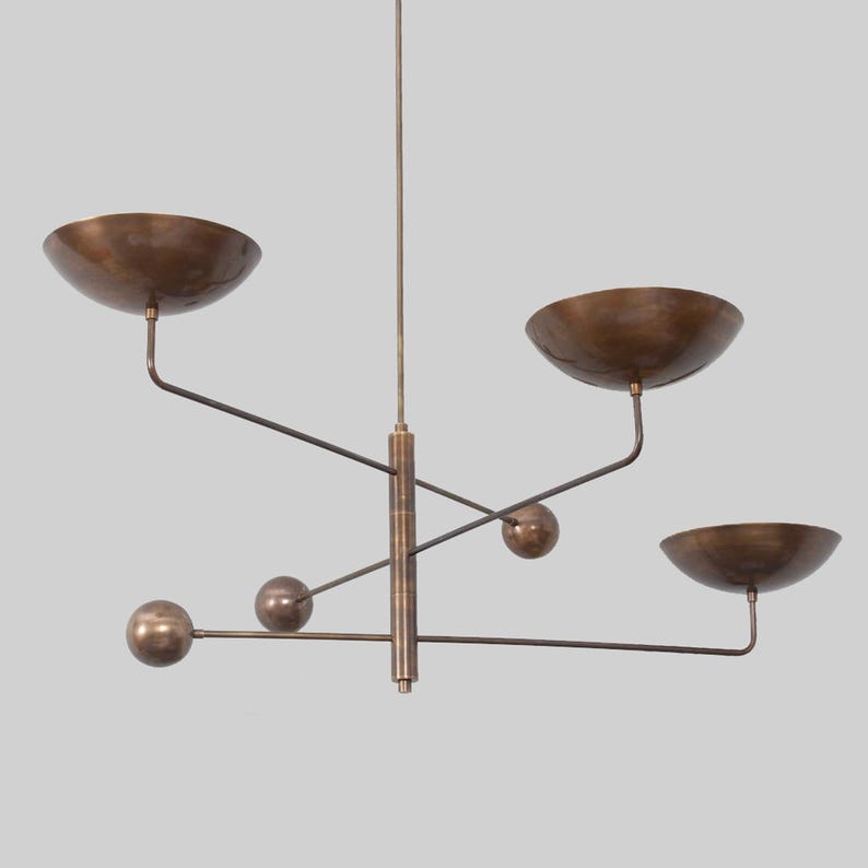 3 Light Disk Shade Pendant Mid Century Modern Patina Brass Sputnik chandelier light Fixture