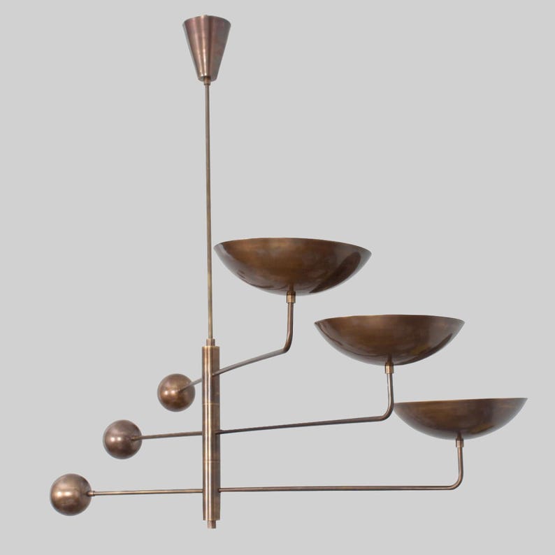 3 Light Disk Shade Pendant Mid Century Modern Patina Brass Sputnik chandelier light Fixture