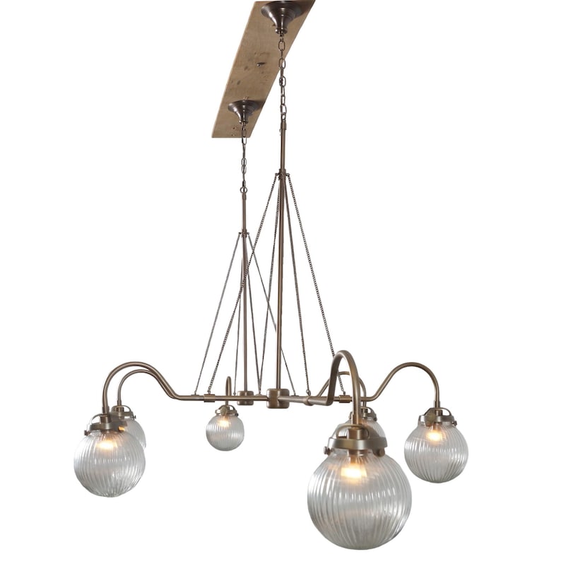 Handmade 6 Light Ribbed Glass Globes Shade Mid Century Modern Raw Brass Linear Sputnik chandelier light Fixture
