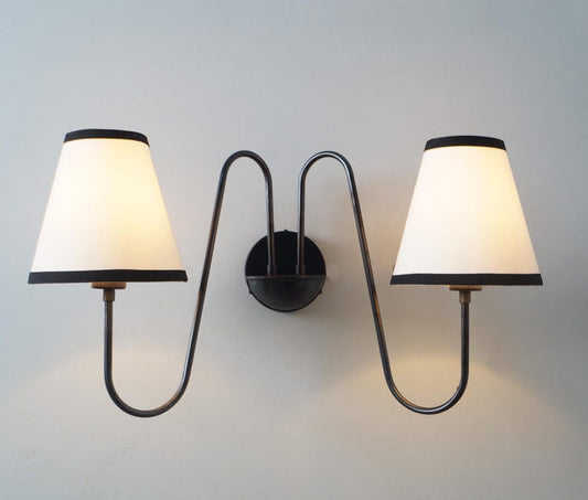 2-Light Linen Shade Raw Brass Wall Sconce with Black Fabric Shades Handmade Brass Wall Lamp