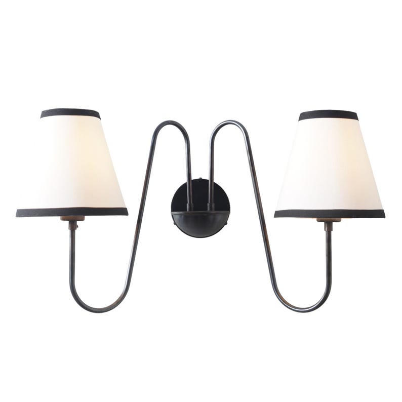 2-Light Linen Shade Raw Brass Wall Sconce with Black Fabric Shades Handmade Brass Wall Lamp