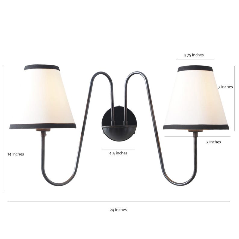 2-Light Linen Shade Raw Brass Wall Sconce with Black Fabric Shades Handmade Brass Wall Lamp