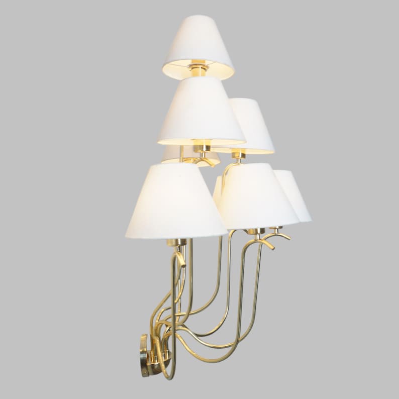 9-Light Linen Shade Brass Wall Sconce with Cream Fabric Shades Handmade Brass Wall Lamp
