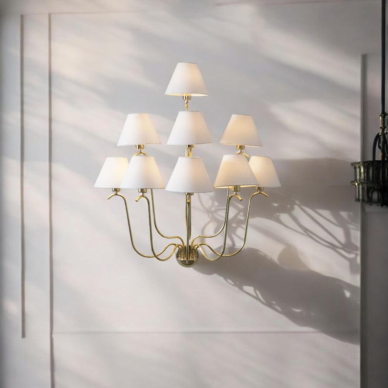 9-Light Linen Shade Brass Wall Sconce with Cream Fabric Shades Handmade Brass Wall Lamp