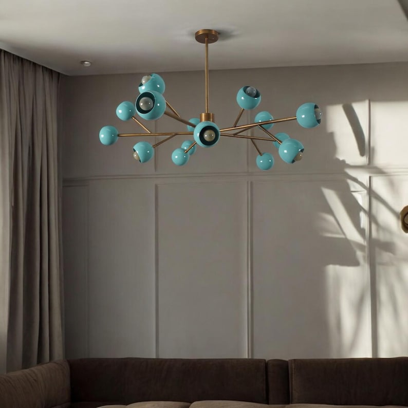 15 Light Color Shade Brass Sputnik Starburst Ceiling Branch Chandelier Light Fixture