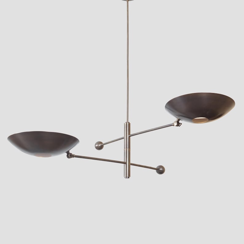 Two Curved Disk Shade Light Ceiling Counter ball Pendant Mid Century Modern Patina Brass Sputnik chandelier light Fixture