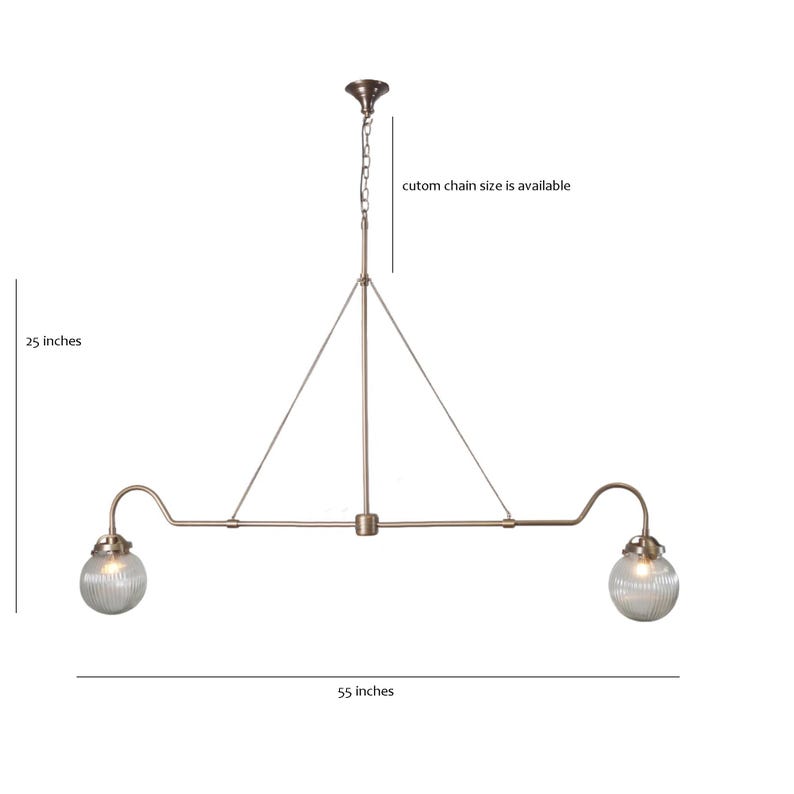 Handmade 2 Light Ribbed Glass Globes Shade Mid Century Modern Raw Brass Linear Sputnik chandelier light Fixture
