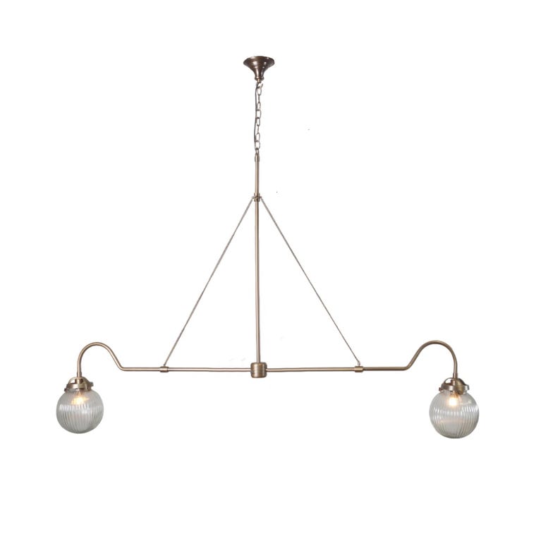 Handmade 2 Light Ribbed Glass Globes Shade Mid Century Modern Raw Brass Linear Sputnik chandelier light Fixture