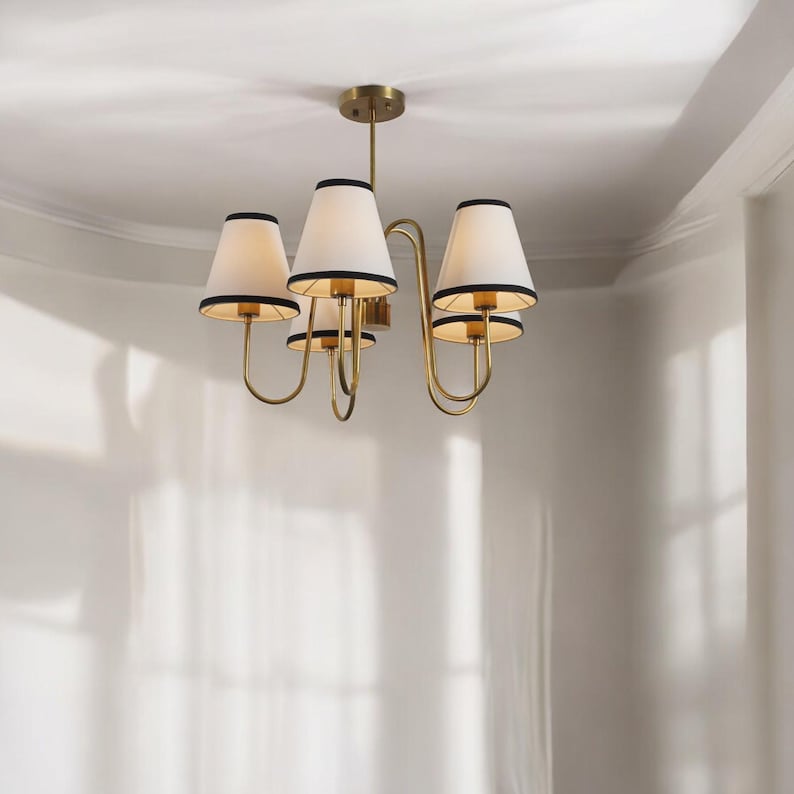 5-Light Linen Shade Brass Sputnik Chandelier with Linen Fabric Shades Handmade Brass Ceiling Fixture