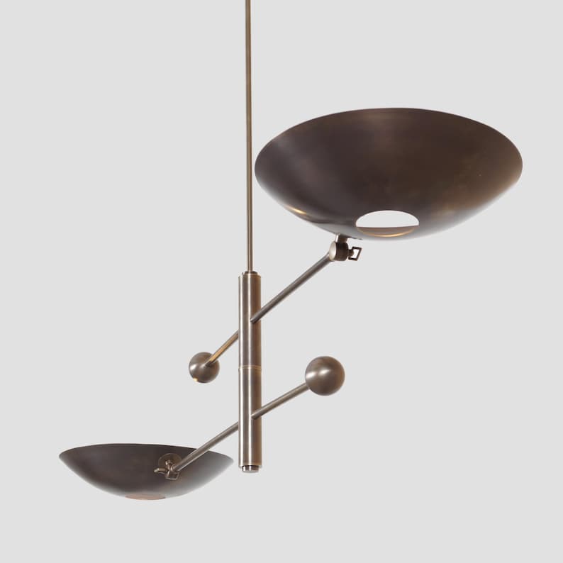 Two Curved Disk Shade Light Ceiling Counter ball Pendant Mid Century Modern Patina Brass Sputnik chandelier light Fixture